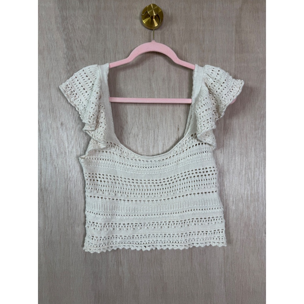 Sincerely Jules Cream Crochet Knit Tank Top Flutter Sleeve Boho Hippie Pointelle